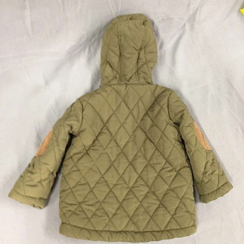 Perry Ellis Boy Quilted Hooded Jacket Olive Green Toggle Coat 24M Elbow Patches